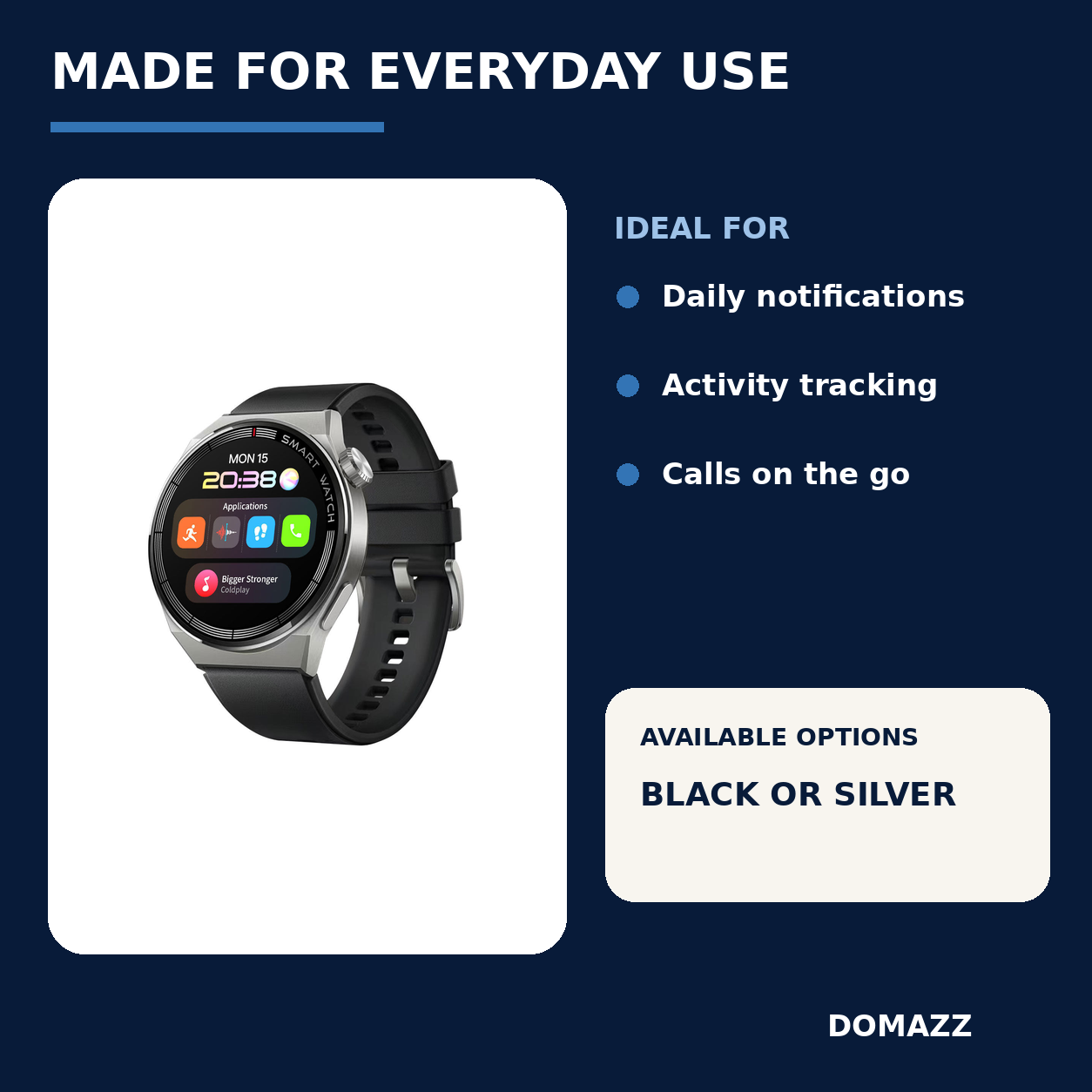 DOMAZZ Smartwatch uses and available options