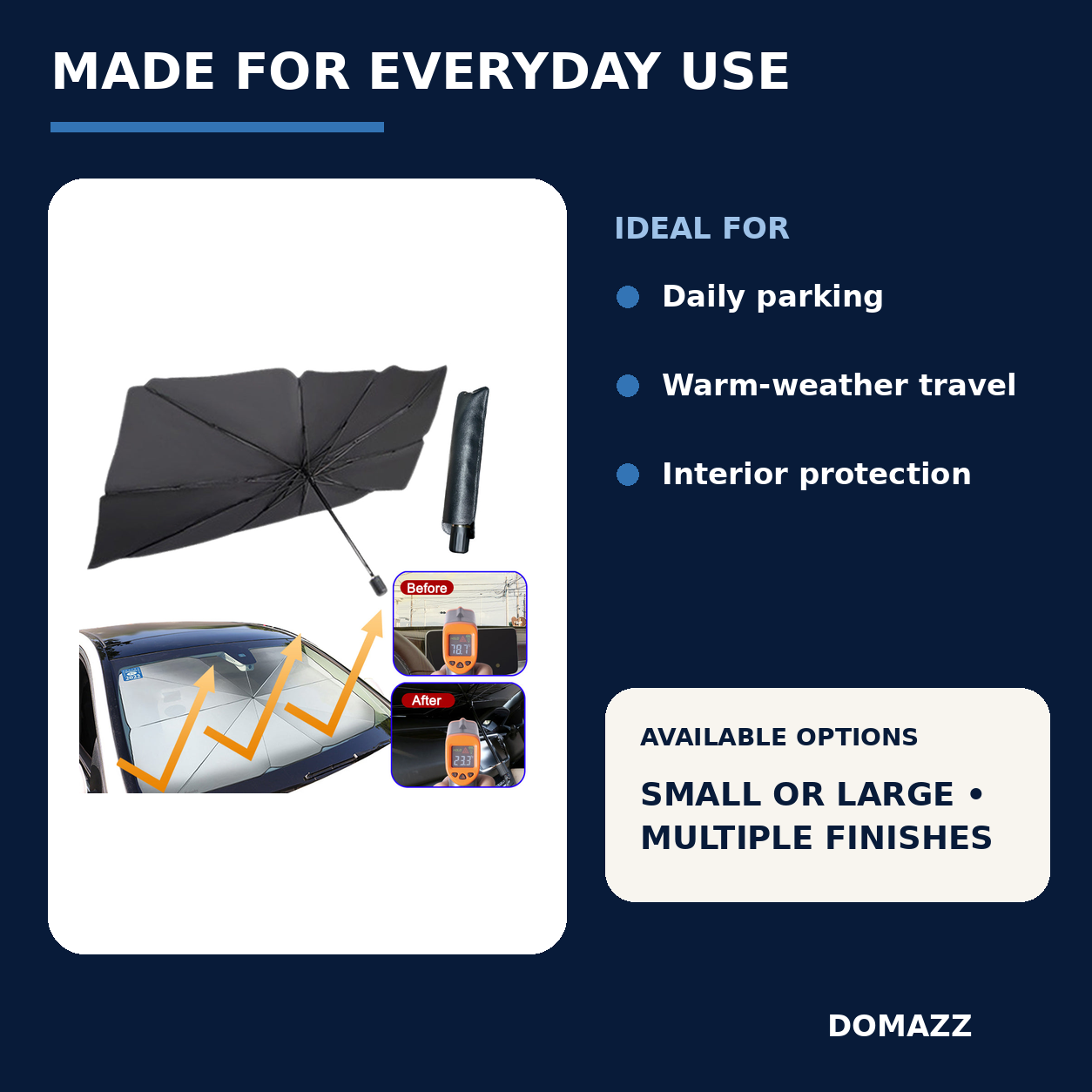 DOMAZZ Windscreen Sun Shade uses and available options