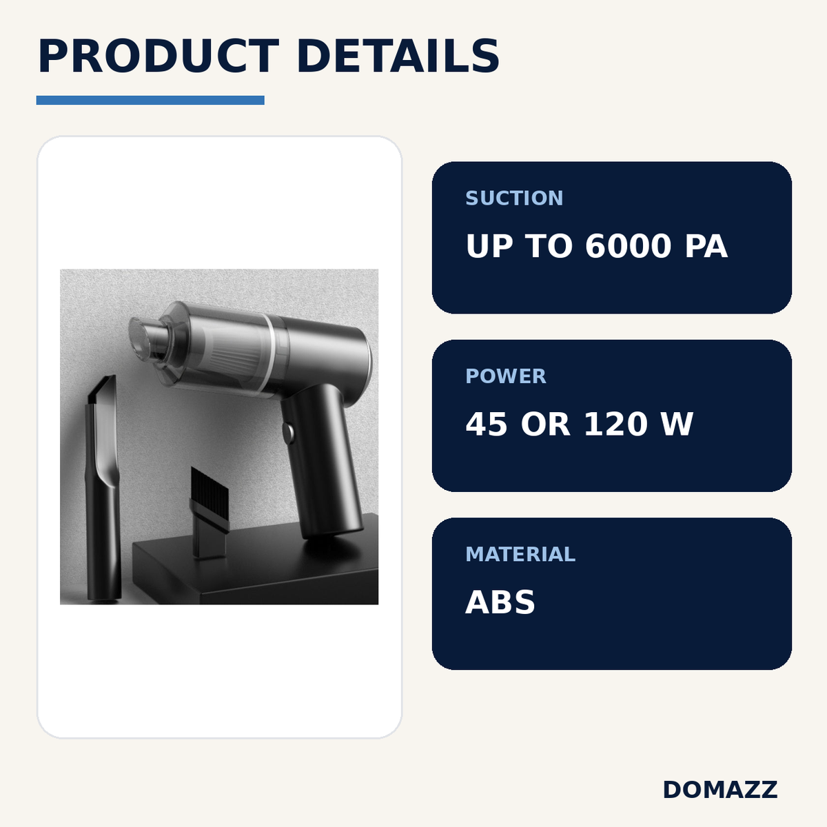 DOMAZZ Wireless Car Vacuum product details and specifications